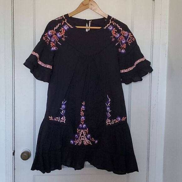 Free People Pavlo Babydoll Black Embroidered Dress Size S - Picture 1 of 11